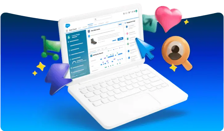 A laptop featuring a Data 360 dashboard is surrounded by icons for various Salesforce apps