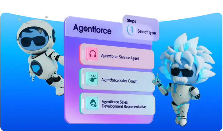 Agents Astro and Einstein flank a menu that features a few different Agentforce agents